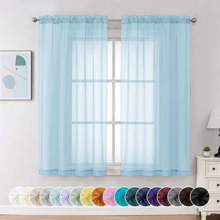 Chyhomenyc Durchsichtige Vorhänge, 137 cm lang, 2 Paneele, lichtfilternde Stangentasche, Voile, Kurze Vorhänge für Wohnzimmer, Schlafzimmer, kleine Fenster, 106x114 cm (B x L), Himmelblau