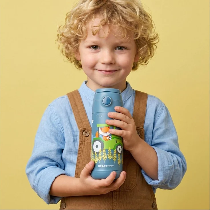 BEARFOOT Trinkflasche Thermo Kinder Trinkflasche Edelstahl - Traktor Fuchs blau, Thermosflasche, auslaufsicher, Edelstahl, Kinderflasche, BPA-frei – Bild 3