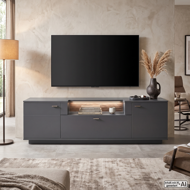 Wohn Schick MAGON TV Board,Front/Korpus: Royal grau,Rückwand: Viking Eiche sandgestrahlt - H 62 cm x T 50 cm x B 195 cm – Bild 3