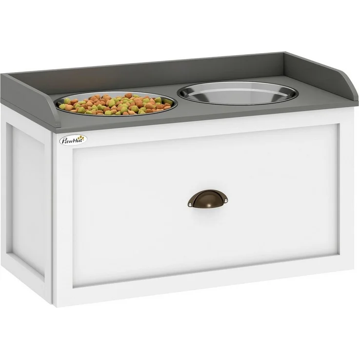 PawHut Futternapf erhöhter Fressnapf mit Schublade, Edelstahl, Weiß 60 x 30 x 36 cm – Bild 1