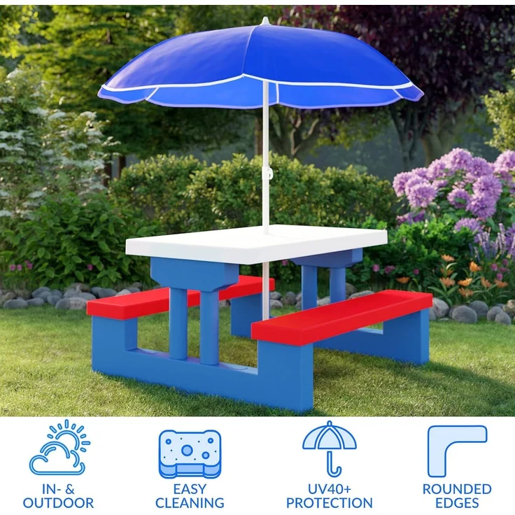 DEUBA Kindersitzgruppe Garten, Tisch und 2 Bänke mit Sonnenschirm, mehrfarbig, 47 x 41 x 67 cm – Bild 7