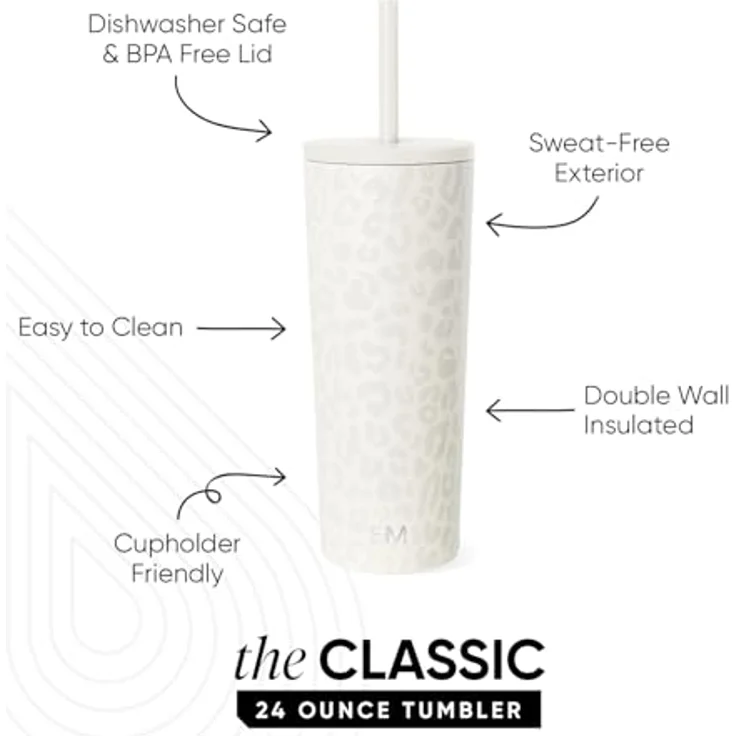 Simple Modern Thermobecher mit Strohhalm und Deckel | Trinkbecher mit Henkel Wiederverwendbare Edelstahl | Geschenke für Frauen und Männer | Classic | 710ml | Cream Leopard – Bild 2