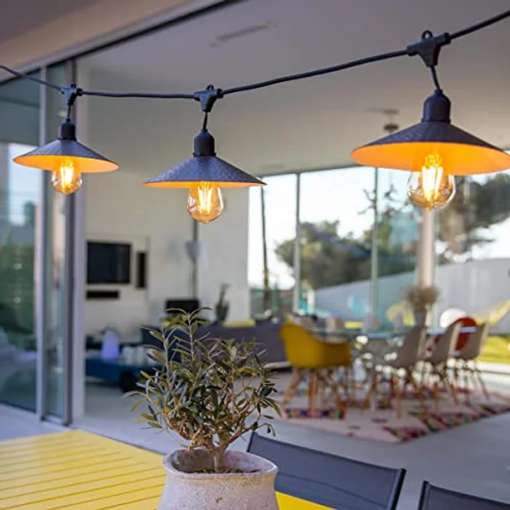 Lumisky VINTY LIGHT SOLAR Solar-Lichterkette für Außenbereich, 10 E27-LED-Glühbirnen warmweiß, 6 m, Vintage-Stil mit Stahl-Lampenschirmen, spritzwassergeschützt (IP44) – Bild 2