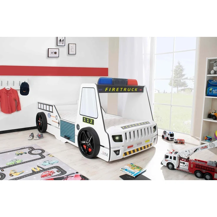 Autobett Kinderbett 90x200 Feuerwehrbett "Rio Firetruck" Hochglanz mit LED Leuchte Weiß – Bild 1