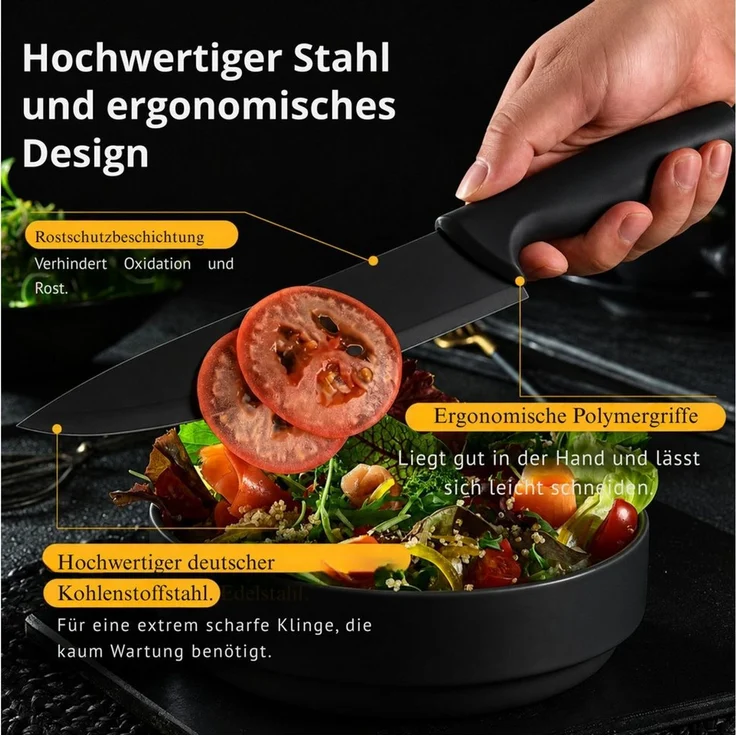 Vivitar Universalküchenmesser 15-teiliges schwarzes Küchenmesserset mit Schneidebrett & Messerblock, professionelles Edelstahl-Messerset mit scharfen Küchenmessern – Bild 4