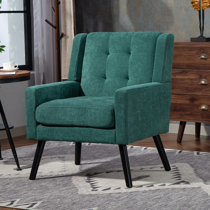 LVHOM Sessel aus Leinenstoff mit Knopfsteppung, Relaxsessel mit Massivholzbeinen, Polstersessel für Wohnzimmer & Büro, bis 130kg, Grün – Bild 2