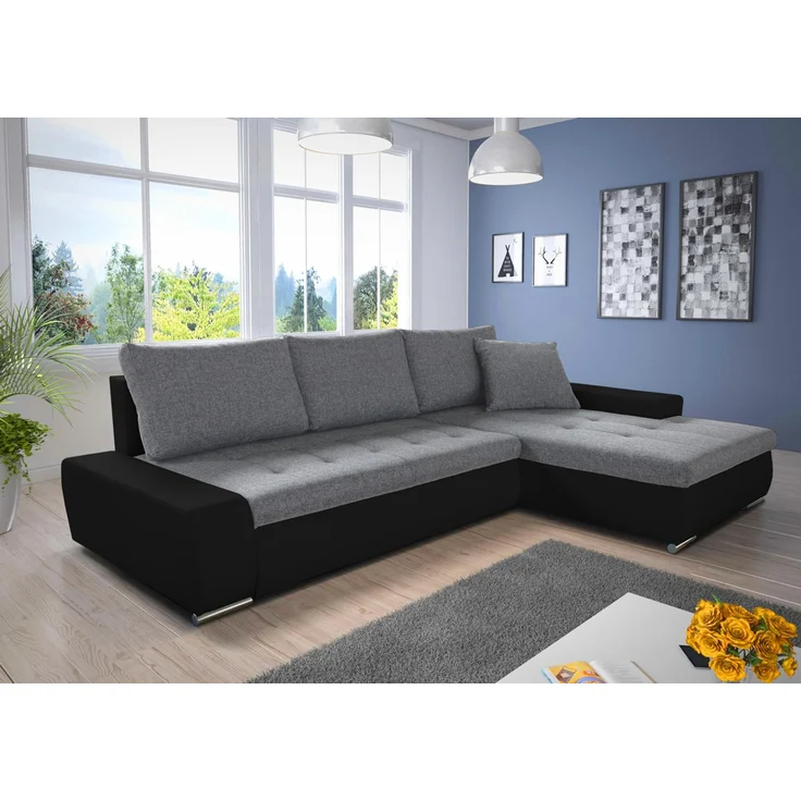 Ecksofa mit Schlaffunktion Faris - Couch mit Bettkasten, Big Sofa, Sofagarnitur, Couchgarniitur, Polsterecke (Schwarz + Grau (Madryt 1100 + Inari 91), Ecksofa Rechts) – Bild 1