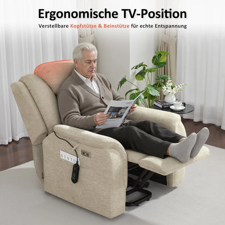 M MCombo Fernsehsessel mit Aufstehhilfe Elektrisch, 2 Rollen für Mobilität, Massage & Heizung, Verstellbare Kopfstütze, Sessel mit Aufstehhilfe 35D Vollschaum-Sitzkissen 7269 (Stoff, Beige) – Bild 2