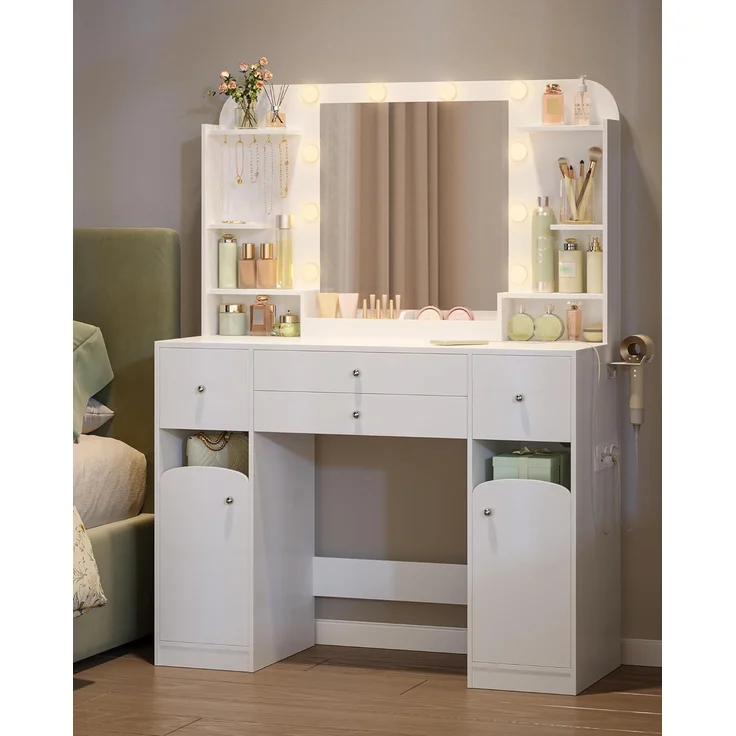 Schminktisch mit LED-Beleuchtung, mit Stecker und Föhnhalter, große Tischplatte 108 cm, Schminktisch mit 2 großen Schubladen mit Schmuckablage, 2 Schränke, Die Abmessungen sind 40 x 108 x 144 cm, Weiß – Bild 6