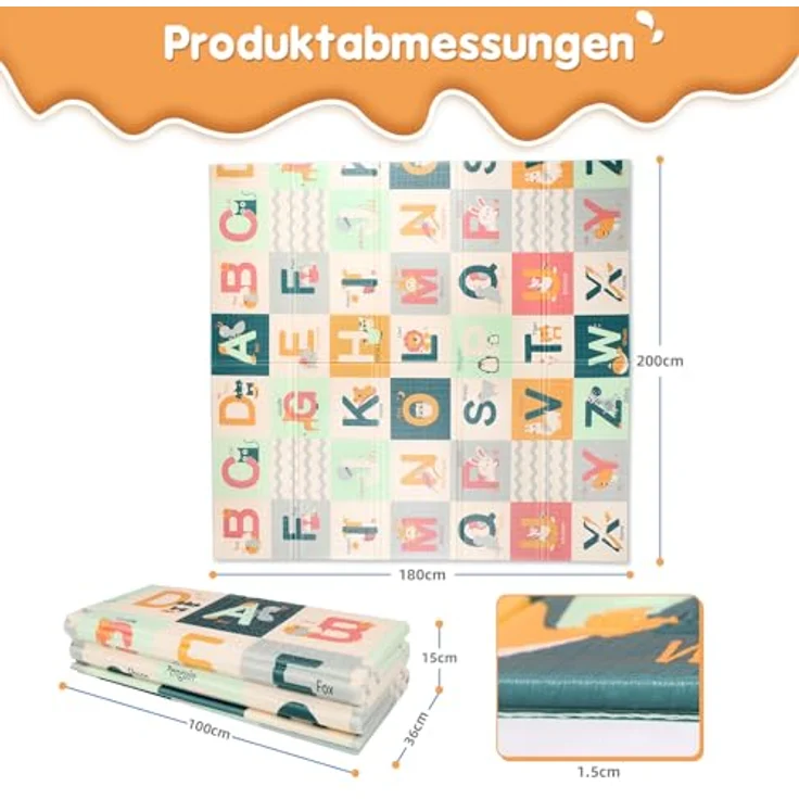 Dripex Krabbelmatte Baby Faltbar 200x180x1.5 CM Kinder Spielmatte BPA-frei | Groß Spieldecke Rutschfeste Krabbeldecke Wendbar Tragbar & Wasserdicht für Kinderzimmer Wohnzimmer (ab 0 Monate) – Bild 5