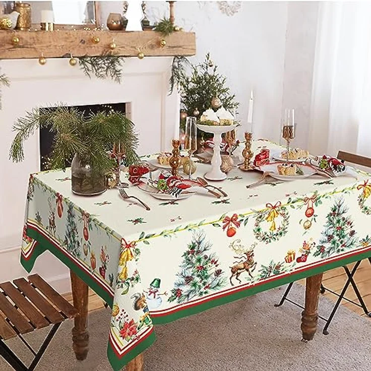 Rechteckige Weihnachtstischdecke, 152,4x213,4 cm, Weihnachtsbaum, Elch, Urlaubsdekoration, Tischdecke, Polyester, wasserdicht und knitterfrei, langlebig, Weihnachtstischdecke für Küche, Winter und – Bild 3