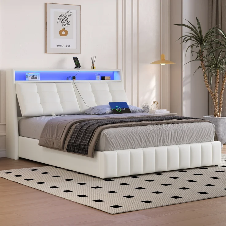 Gepolstertes Plattformbett, LED-Licht USB-Anschluss Stauraum unter dem Bett verstellbare Kopfteilkissen, Polsterstoff, Weiß, 160 x 200 cm – Bild 2