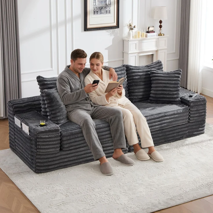 ZUBALIYA Schlafsofa 98x87 cm, mit Stauraum, mit Treppe, mit Leiter, mit Cordbezug, mit Schaumstoffpolsterung, Dunkelgrau – Bild 2