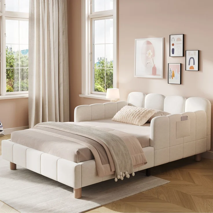 Merax Polsterbett, Einzelbett, Kinderbett 90x200 cm, Bett mit und gepolstertes Kopfteil und Rausfallschutz, Bettbeine aus Massivholz, Samt, beige – Bild 2