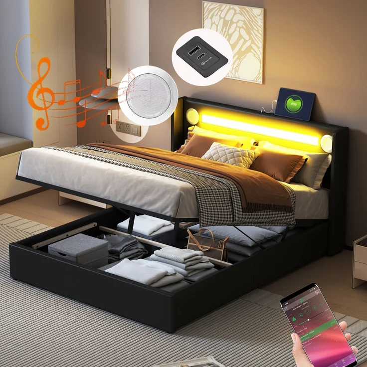 Polsterbett 160x200 Bett mit LED-Lichtleiste, Bluetooth-Player und USB-Aufladung, Stauraumbett aus PU-Leder, Hochbettkasten, Doppelbett mit Lattenrost Schwarz – Bild 7