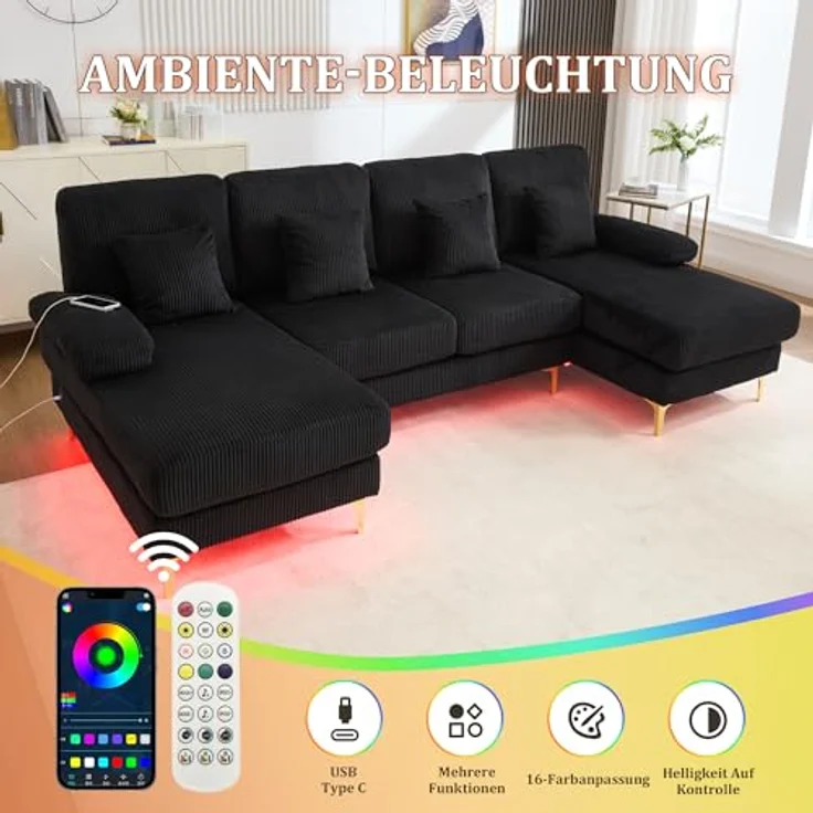 Ball & Cast U-förmiges Couch mit Schlaffunktion, Samt Sofa mit Lichtleiste und USB-Anschlüssen für das Wohnzimmer Wohnung Villa, 265 x 88 x 135 (BxHxT), Schwarz – Bild 5