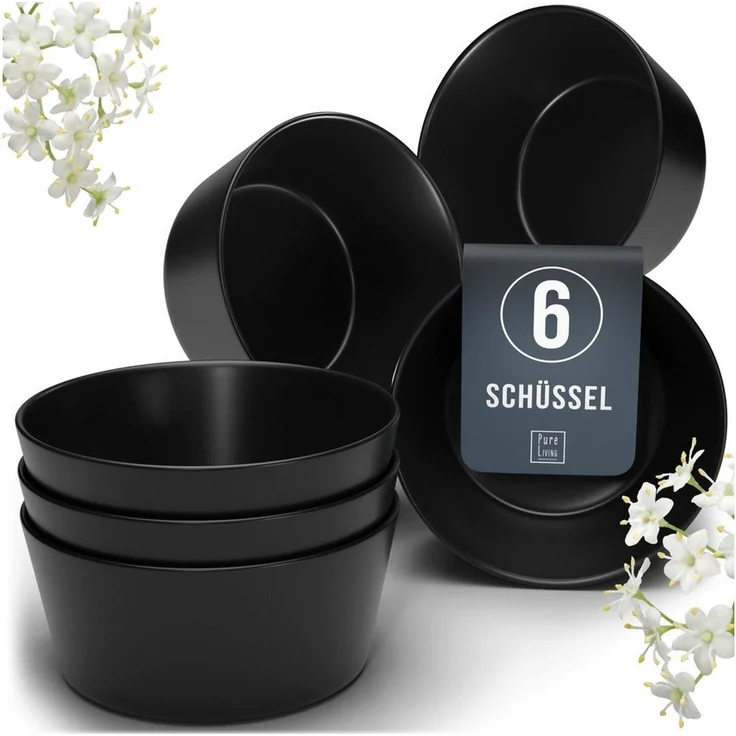 PURE LIVING INTERIOR DESIGN Geschirr-Set Manhattan, 6er-Set Müslischalen, 16 cm, Riffelstruktur, Schwarz (1-tlg), 6 Personen, Steingut, Spülmaschinenfest, mikrowellengeeignet, Suppe, Salat und Dessert – Bild 1