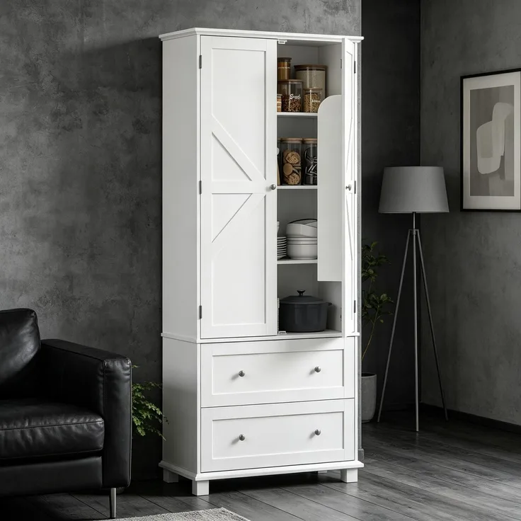 Hochküche Buffet, Küchenschrank 2 Türen, 2 Schubladen, 6 Tragstelle, verstellbare Regale(nur mit 1pcs Hochküche Buffet)--Weiß--80x39.5x184.5cm--YOUDENOVA