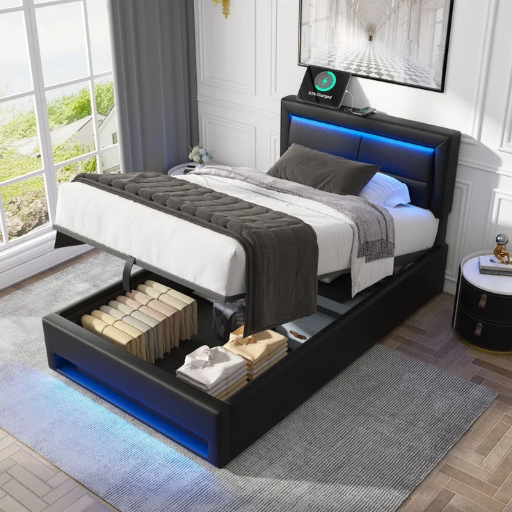 Merax Polsterbett LED Einzelbett 90x200cm mit USB-Anschluss und hydraulischem Stauraum, schwarz – Bild 1