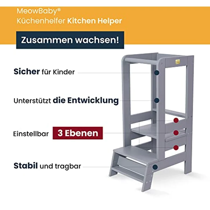 MeowBaby 'Kitchen Helper' Lernturm, Tritt 3-fach höhenverstellbar, Kiefer natur, Massivholz – Bild 3