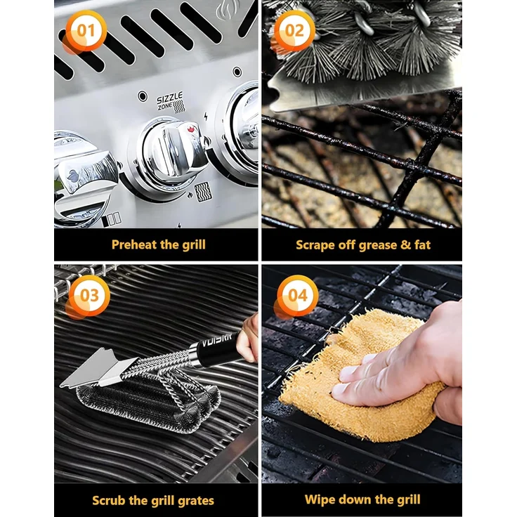 VDISRR Grillbürste, Grillbürste für Gussrost, Dreireihigen Edelstahlborsten, Lange Griff aus Kunststoff, für Holzkohle-, Elektro- und Gasgrills (Grillbürste mit Vertikalschaber) – Bild 8