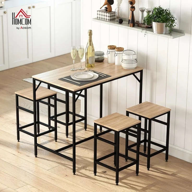 HOMCOM Bargruppe Bartisch mit Barhocker Set 5-teiliges Bartisch-Set Eiche, (5-tlg), Platzsparend – Bild 2