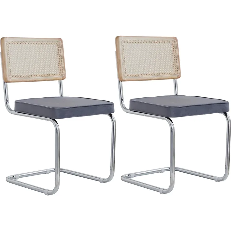 GrandCA HOME 2er Set Esszimmerstühle, Gepolsterte Rattan-Küchenstühle, Rattan-Rückenlehne/verchromtes Gestell, Geeignet für Esszimmer/Büro/Küche/Schlafzimmer/Konferenzraum(Grau,2)