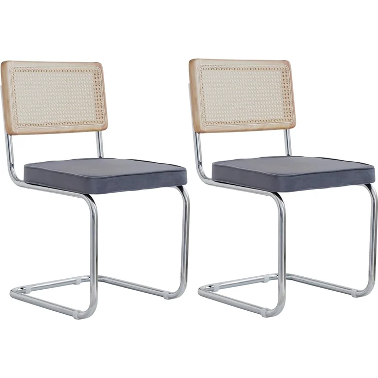 GrandCA HOME 2er Set Esszimmerstühle, Gepolsterte Rattan-Küchenstühle, Rattan-Rückenlehne/verchromtes Gestell, Geeignet für Esszimmer/Büro/Küche/Schlafzimmer/Konferenzraum(Grau,2)