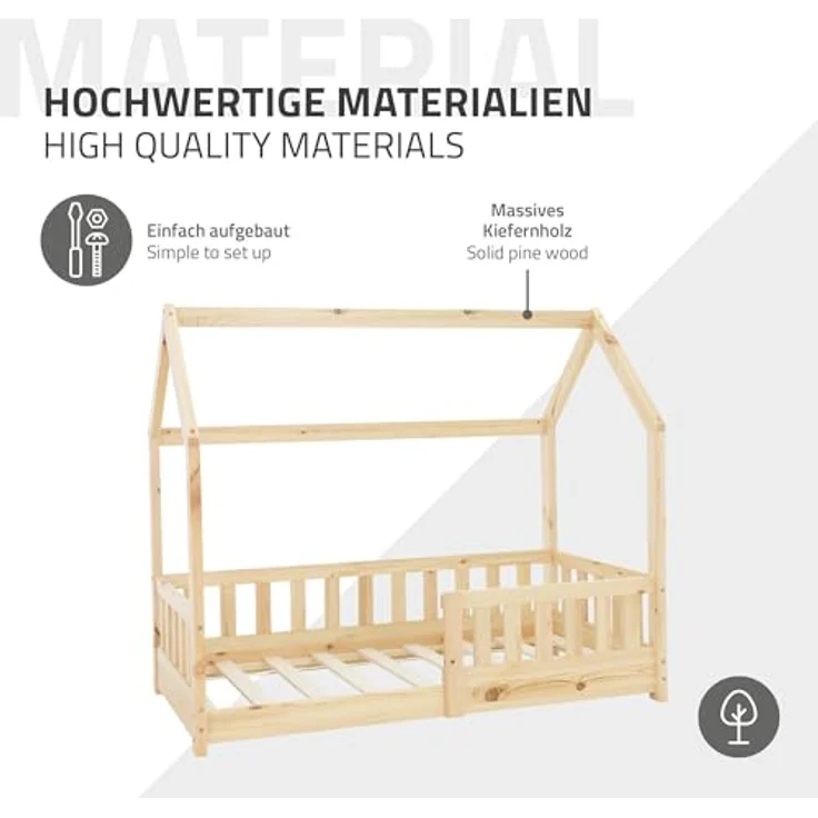 ML-DESIGN Kinderbett Hausbett Spielbett inkl. Lattenrost kreativ Bodenbett für Kinder, Abenteuerbett mit Rausfallschutz Spielbett Kiefer Natur Himmelbett – Bild 9