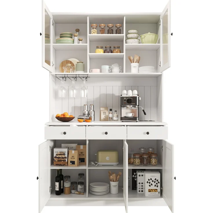 Buffetschränke, Esszimmer-Hochschrank 120×40×191 cm, mit Glastüren, Gläserhalter, mehrstufigem Stauraum, integrierter Steckdose sowie USB-C- und USB-A-Anschlüssen, Weiße und schwarze Griffe – Bild 8