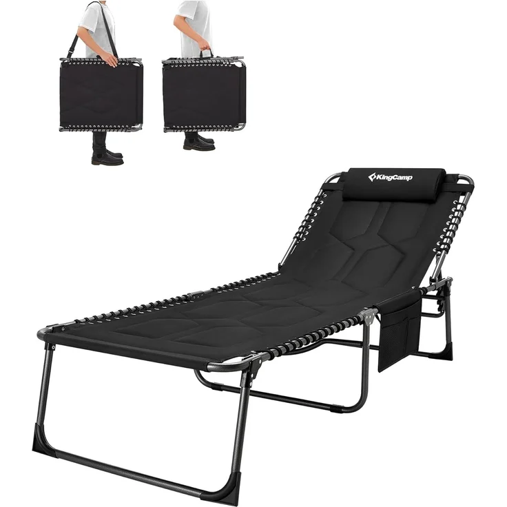KingCamp Übergroße Sonnenliege Klappbar 5-Fach Verstellbar Gartenliege Liegestuhl Dreibeinliege Liege Campingliege mit Kopfkissen und Seitentasche bis 150 kg für Garten Urlaub Strand Pool 200x68 cm – Bild 1