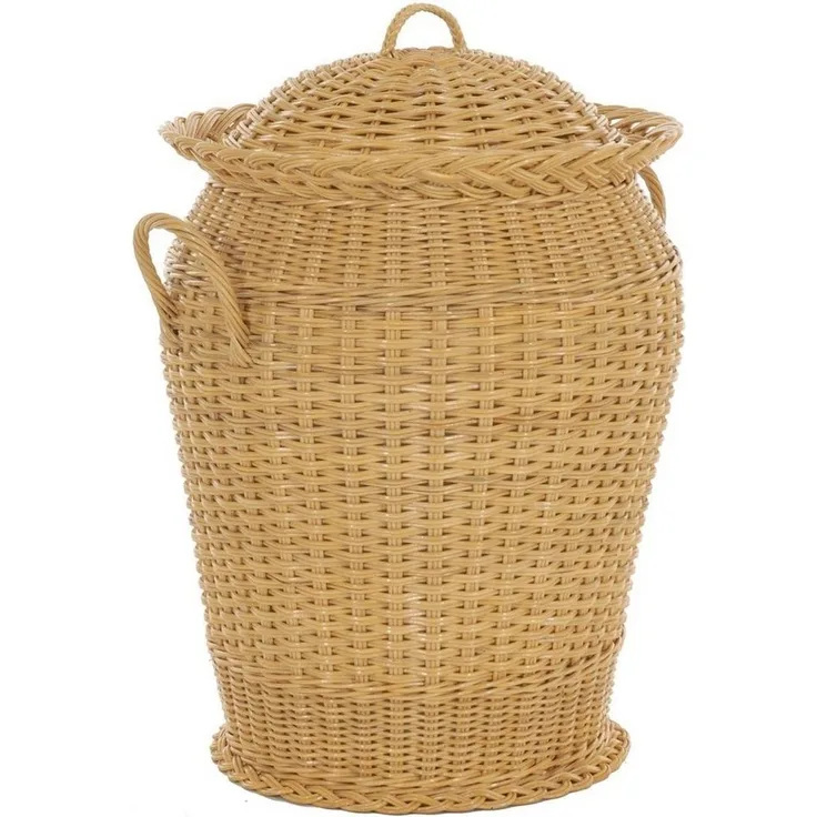 Krines Home Wäschetonne Wäschekorb Wäschetonne Wäschesammler Ø 50 cm aus echtem Rattan, rund mit Deckel und Inlett