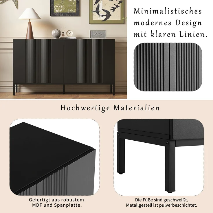 Merax Modernes Sideboard, Kommode, mit einzigartiger Linie, 4-türig, grifflose Tür, für Esszimmer, Wohnzimmer und Küche (Schwarz) – Bild 5