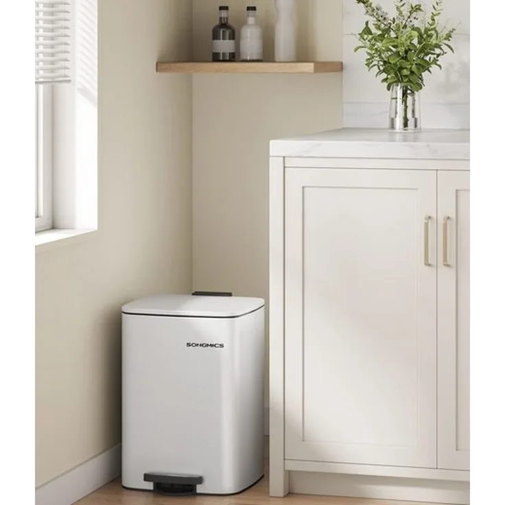 Songmics Mülleimer Küche, 20 Liter Abfalleimer, Tretmülleimer, Stahl, mit Inneneimer, Softclose, Offenhaltefunktion, wolkenweiß LTBDE592W02