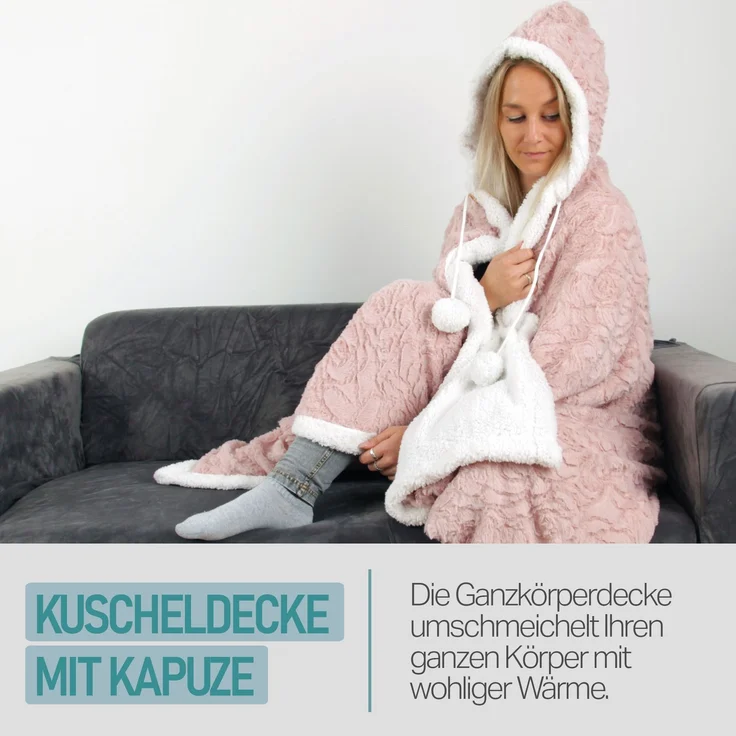 Bestlivings Kuscheldecke mit Kapuze 130 x 180 cm in Rose für Kinder und Erwachsene, TV-Decke, Sherpa Decke in Felloptik – Bild 7