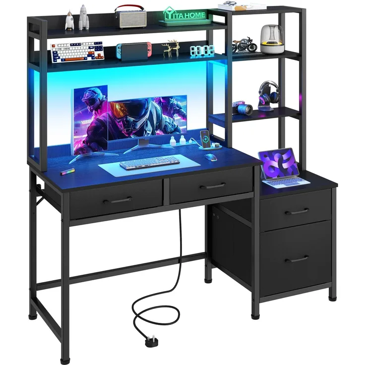 YITAHOME Computer Schreibtisch mit Schubladen, Home Office Ecke Computer Tisch Aufbewahrungen & Regale, Gaming Schreibtisch Arbeitsstationen mit LED Licht & Steckdosen, Eck Schreibtisch, Schwarz