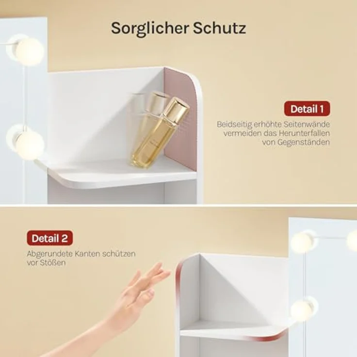 WOLTU Schminktisch Hollywood mit LED-Beleuchtung, Spiegel, 2 Schubladen und 4 offene Ablagen, Holz weiß, 90 x 135 x 40 cm – Bild 7