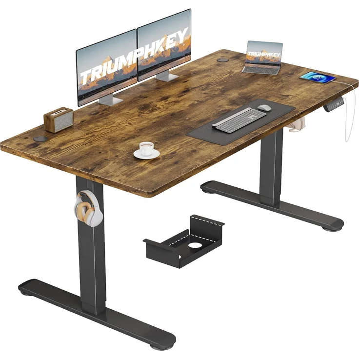 TRIUMPHKEY Höhenverstellbarer Schreibtisch 140x70, 18mm Tischplatte & USB-A | Schreibtisch Höhenverstellbar mit 3 Memory-Steuerung,Sitz‑Erinnerung & Kabelmanagement, Computertisch,Standing Desk, Braun