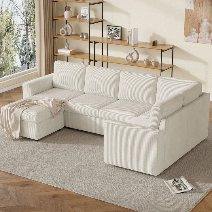 Ecksofa 282x153x85 cm aus Cord in Beige mit Schlaffunktion und Stauraumhocker – Bild 3