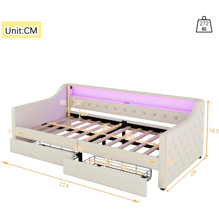 Bett 90x200 cm aus Leinen mit LED-Ambiente und Stauraum – Bild 8