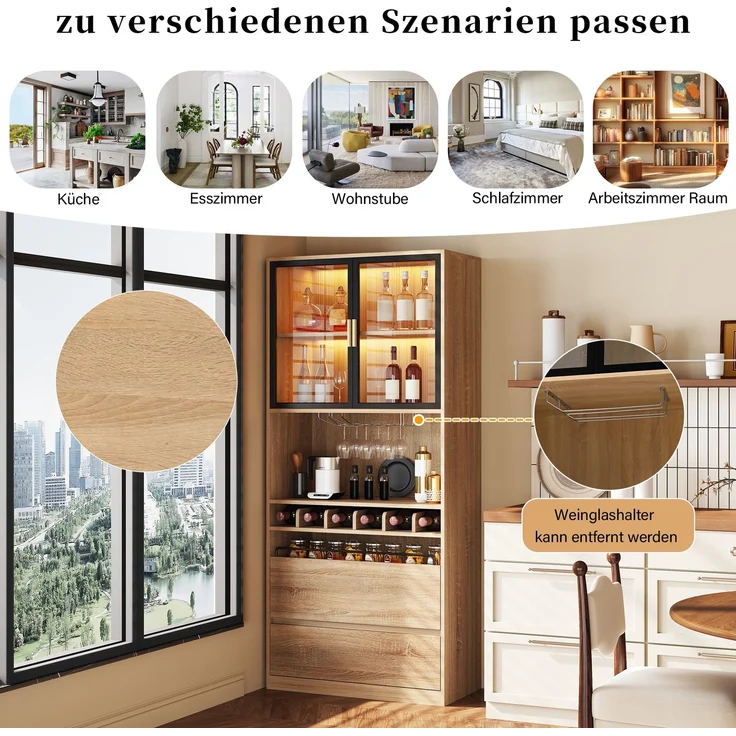 Badezimmerschrank,Spirituosenschrank,Vitrine Vitrinenschrank mit Glastüren und Beleuchtung 180 CM--Natürlich1--80x40x180cm--YOUDENOVA – Bild 8