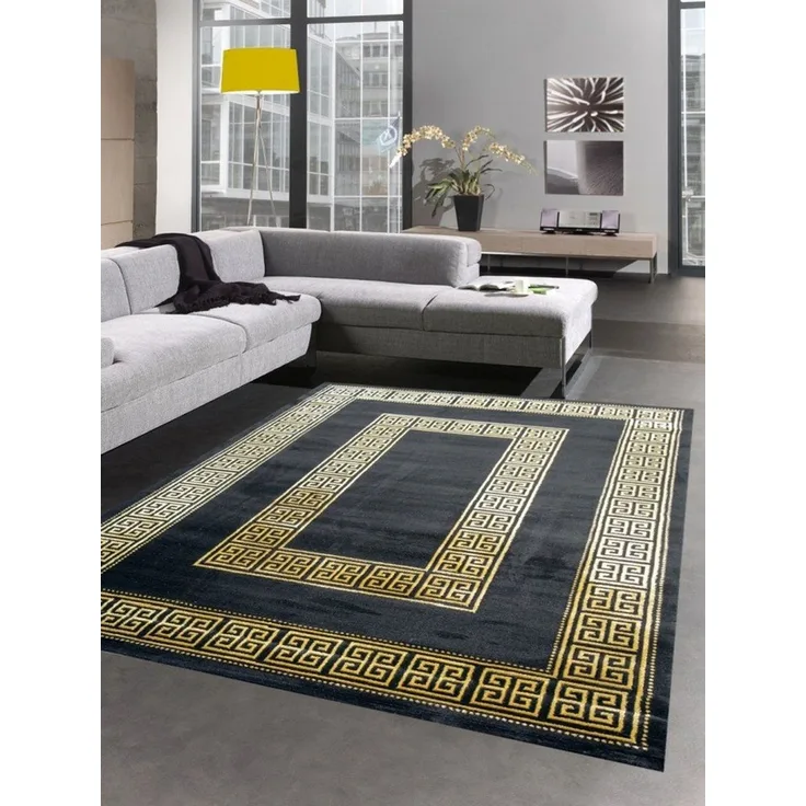 Carpetia Teppich Teppich Wohnzimmer mit Bordüre Mäander Muster schwarz gold, rechteckig, Höhe: 12 mm
