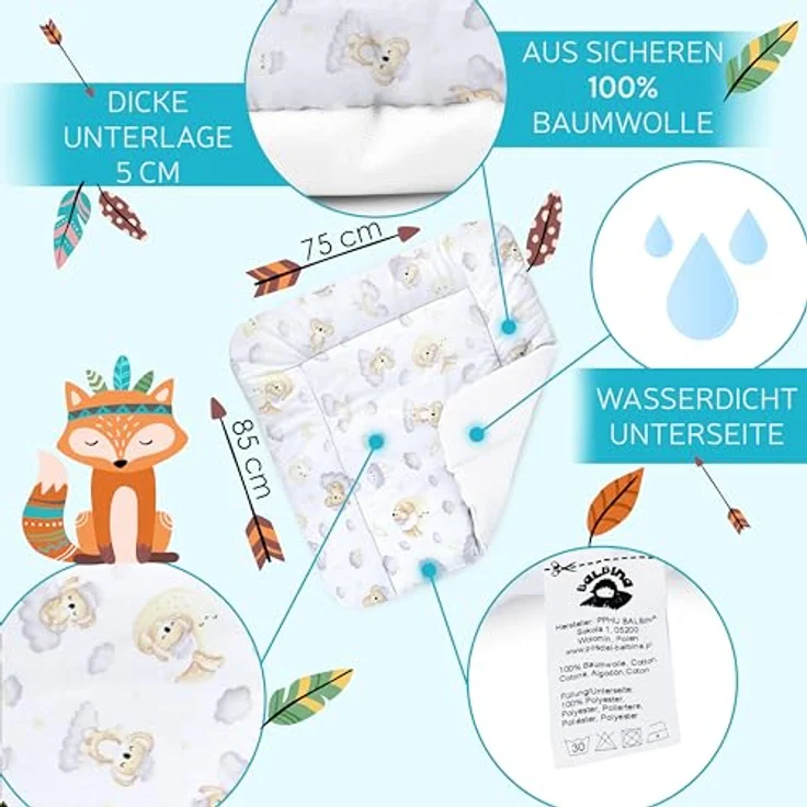 Balbina® Wickelunterlage aus Baumwolle weiche Wickeltischauflage für Wickelkommoden waschbar 75x85 I Schlafende Bären – Bild 5