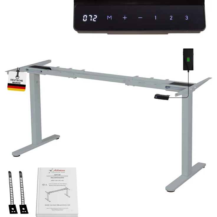 Albatros höhenverstellbares Schreibtisch Tischgestell elektrisch | LIFT S5 Silber| Gestell, Tischbeine, Tischfüße Metall | Display | 120Kg belastbar
