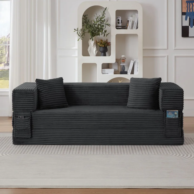 ZUBALIYA Schlafsofa, mit Schlaffunktion, H 60 × T 200 × B 76 cm, Dunkelgrau, Schaumstoff – Bild 1