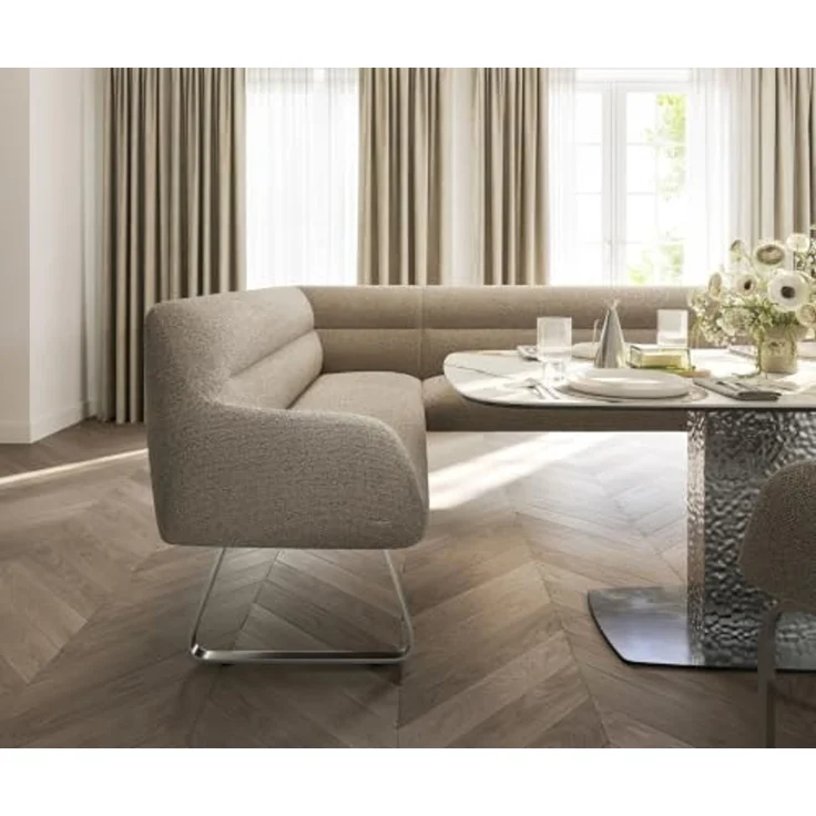 Esszimmerbank Taya-Flex 285x190 cm Bouclé Schlamm Kufengestell flach Edelstahl Taschenfederkern Rechts – Bild 7