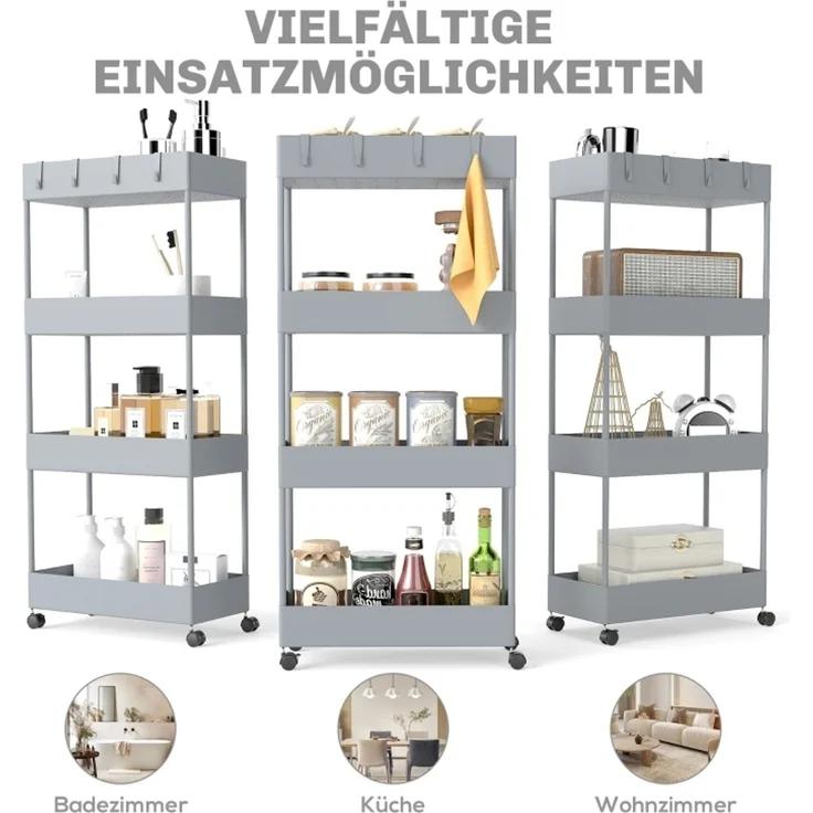 Nischenwagen 40x19x90 cm mit 4 Ebenen, Rollen und abnehmbaren Haken – Grau – Bild 5