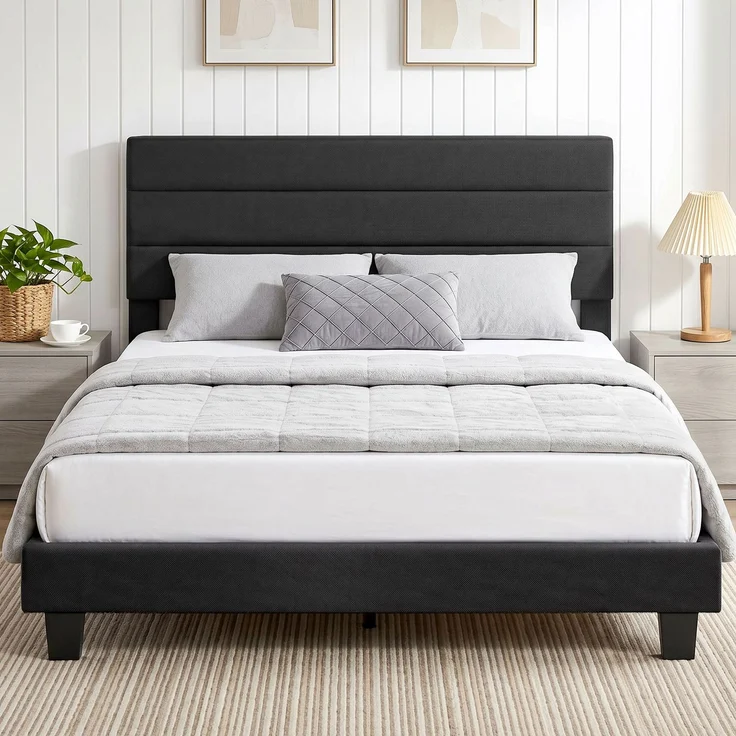 Doppelbett 164 x 208 cm aus Stoff in Leinenoptik mit verstellbarem Kopfteil, 208.0×164.0×112.0cm, Schwarz, MELAYR – Bild 3