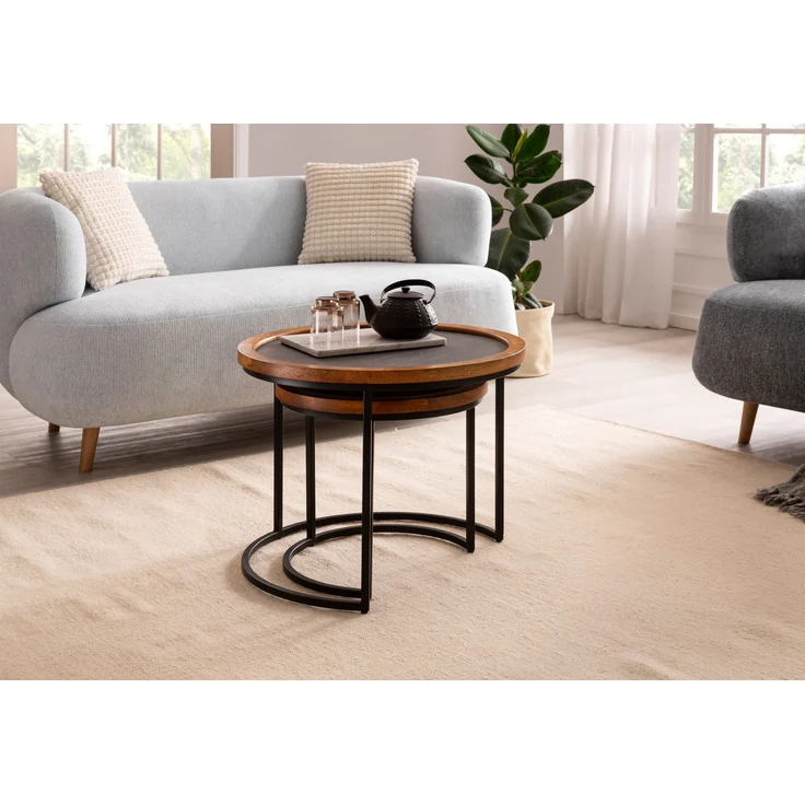 Couchtisch 2er Set Mango Massivholz Rund Metallgestell Modern Braun Anthrazit – Bild 5