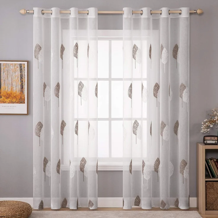 MIULEE Gardinen mit Kaffee und Weiss Blätter Muster 2er Set 140x245cm | Modern Stickerei Wohnzimmer Vorhänge Transparent mit ösen für Schlafzimmer Deko, Schöne Blätter Muster Vorhang Fenster